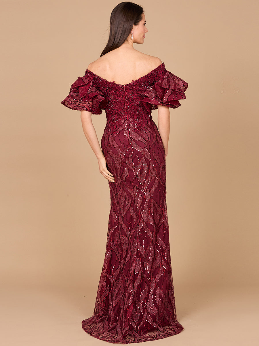Off Shoulder Mermaid Beaded Gown with Tiered Sleeves